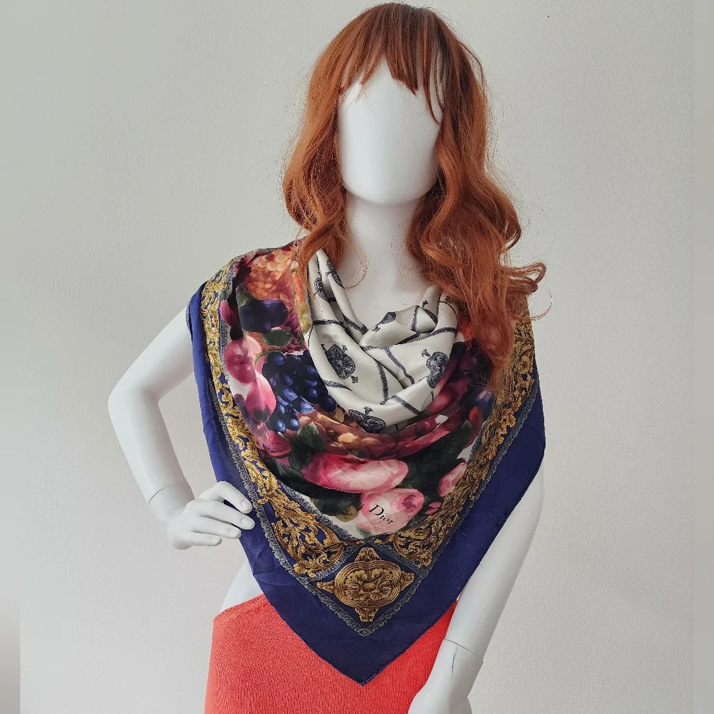Auth Dior Blue and Gold Floral Fruit Silk Scarf